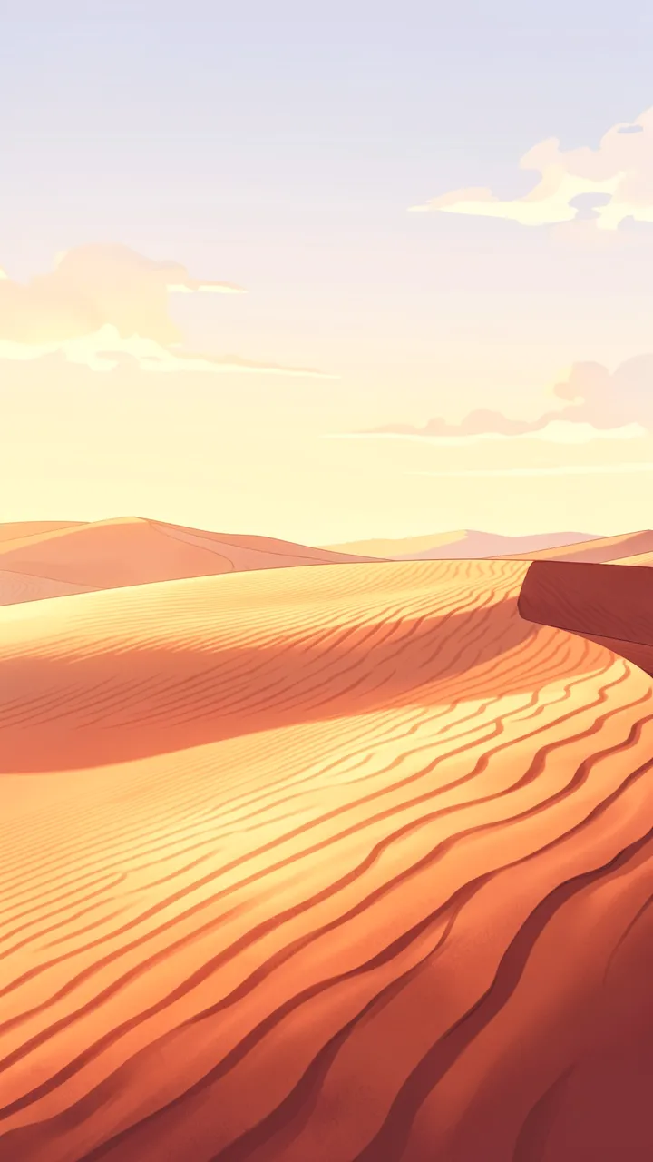Anime style illustration of rippled glowing sand dunes under a soft pale sunrise sky