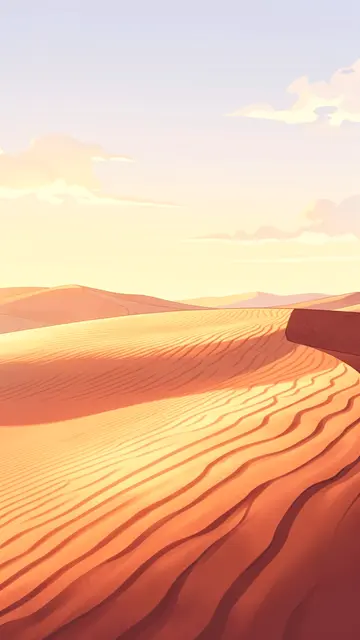 Anime style illustration of rippled glowing sand dunes under a soft pale sunrise sky