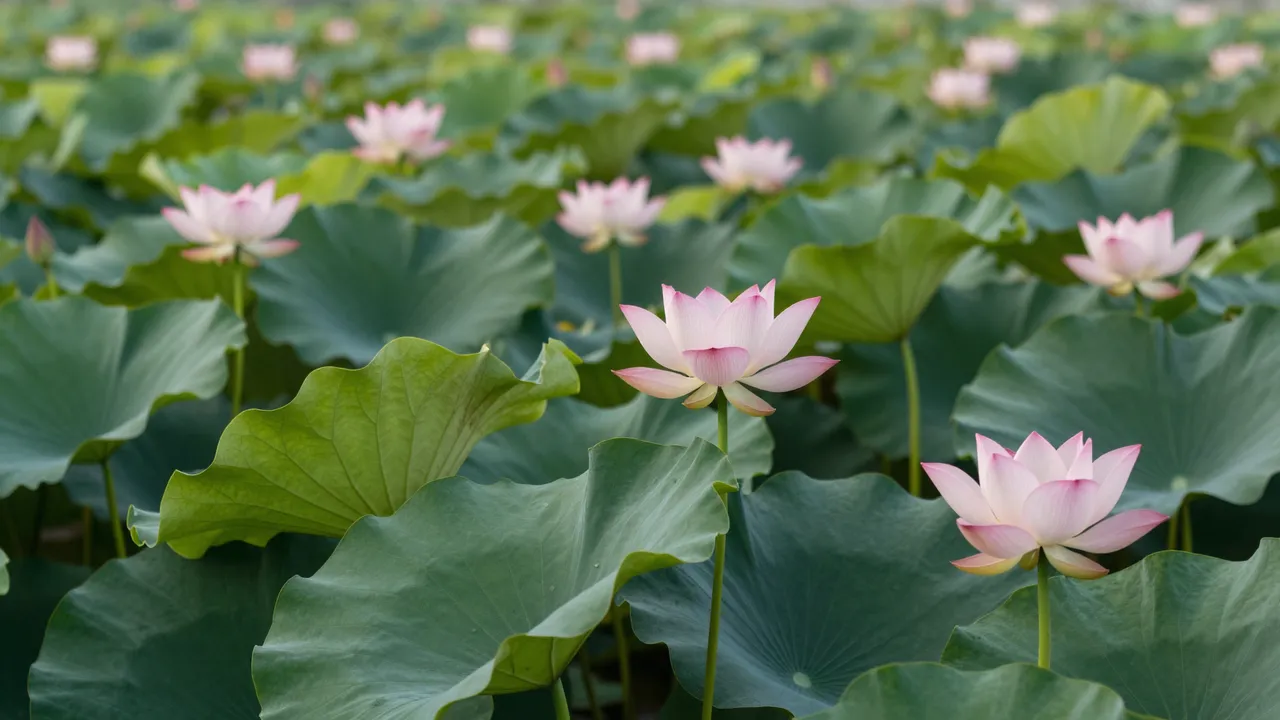 Dense pink lotus flowers and large green lily pads fill a sunlit pond at dawn