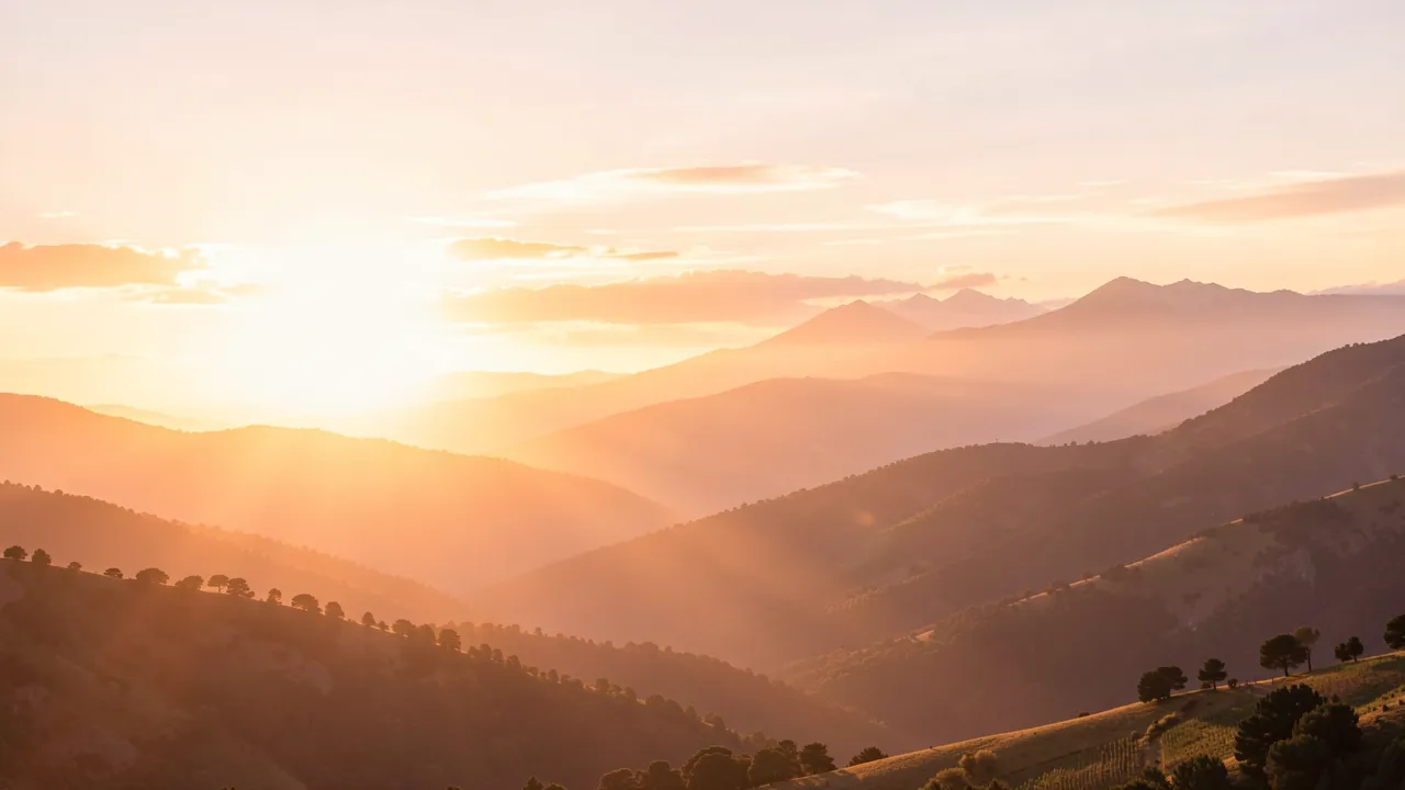 Warm soft sunrise light spills over layered hazy rolling hills with wide empty sky space