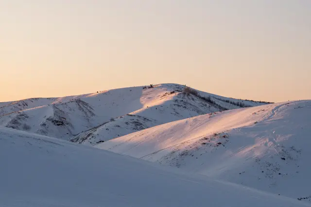 Soft peach sunrise light illuminates rolling snow-covered hills in a quiet winter landscape