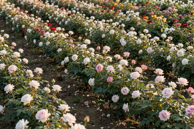Neat parallel rows of blooming multicolor rose bushes stretch across a flower farm in warm golden sunrise light