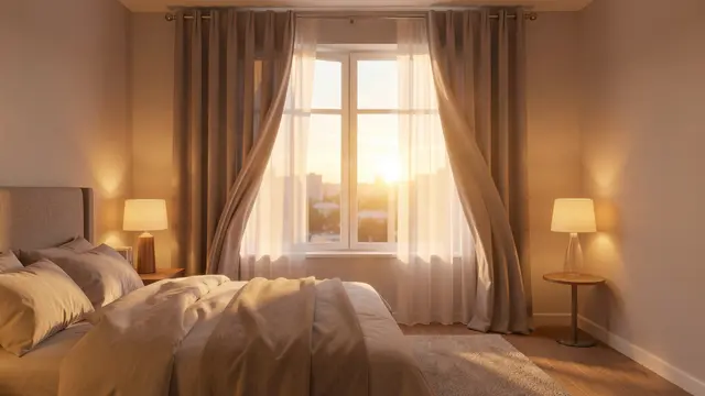 Warm dawn sunlight fills a tidy neutral bedroom with an open window and glowing bedside lamps