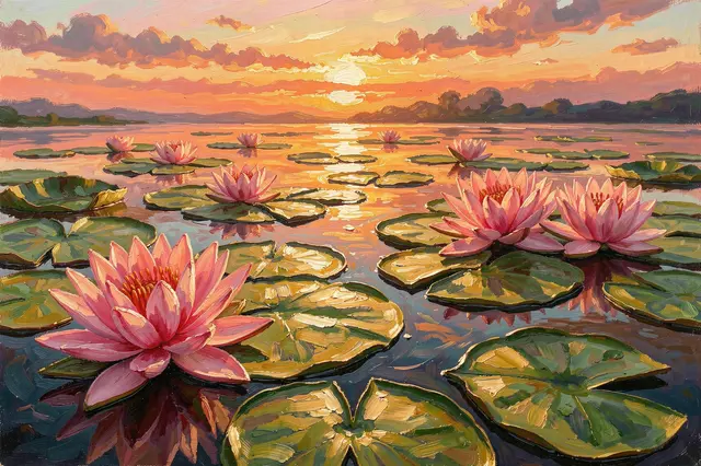Textured oil painting of pink water lilies floating on a calm lake at glowing sunrise