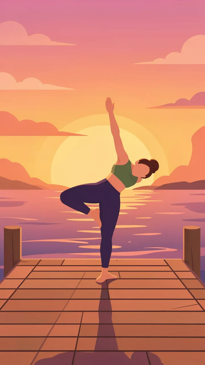 Faceless woman holds a yoga balance pose standing on a wooden dock above calm water at sunrise