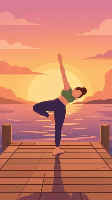Faceless woman holds a yoga balance pose standing on a wooden dock above calm water at sunrise