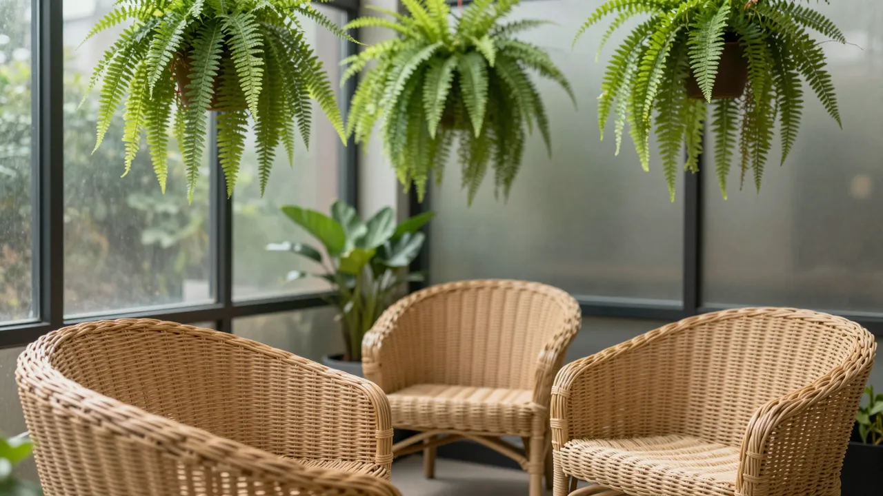 Bright sunroom interior lined with wicker rattan chairs and hanging potted fern plants beside frosted windows