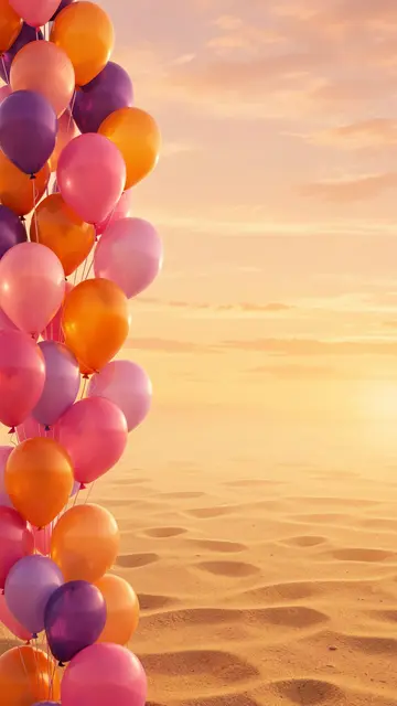 Cluster of orange, pink and purple balloons lines the left edge of warm rippled sand under a soft sunset sky with empty copy