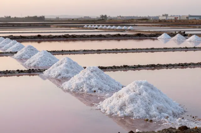 Rows of white salt heaps sit in still pink salt pan water at soft sunset