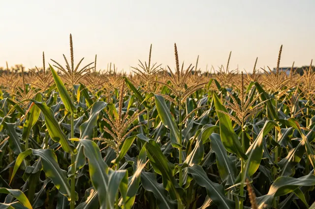 Golden sunset light illuminates the tassels of a dense late summer cornfield