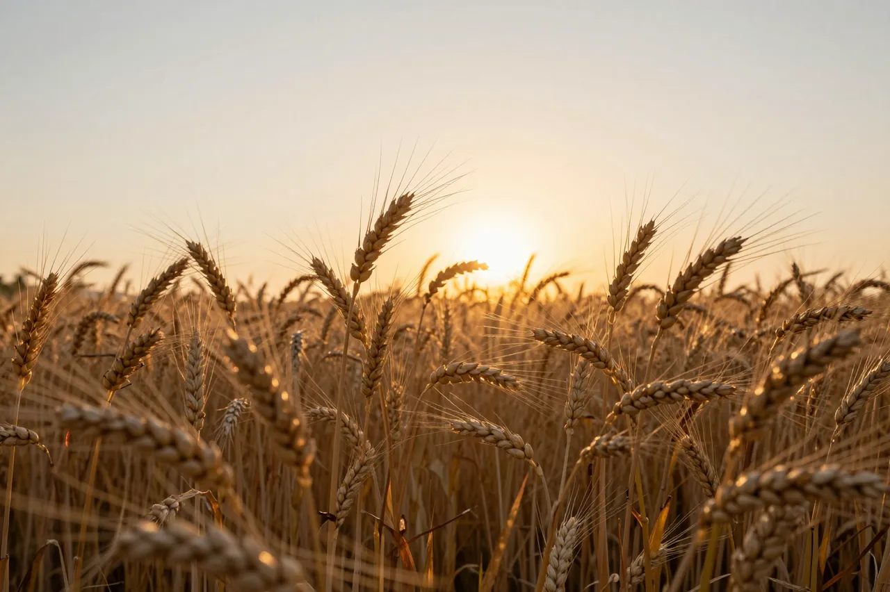 Low angle view of ripening wheat stalks backlit by warm golden sunset light over the field