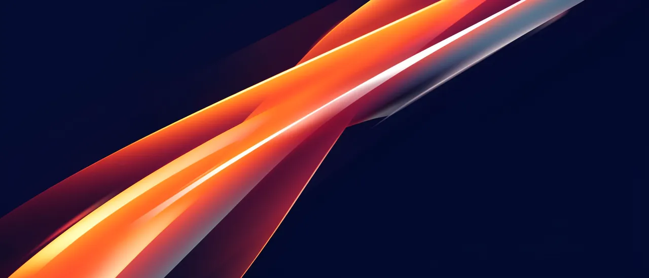 Glossy ultrawide sunset-toned gradient ribbon sweeps diagonally across a deep navy background