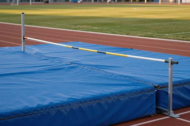 Empty high jump landing mat and bar sit on a running track at a quiet athletics field at sunset.