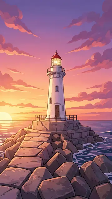 An anime-style white lighthouse stands on a stone breakwater over calm ocean at sunset