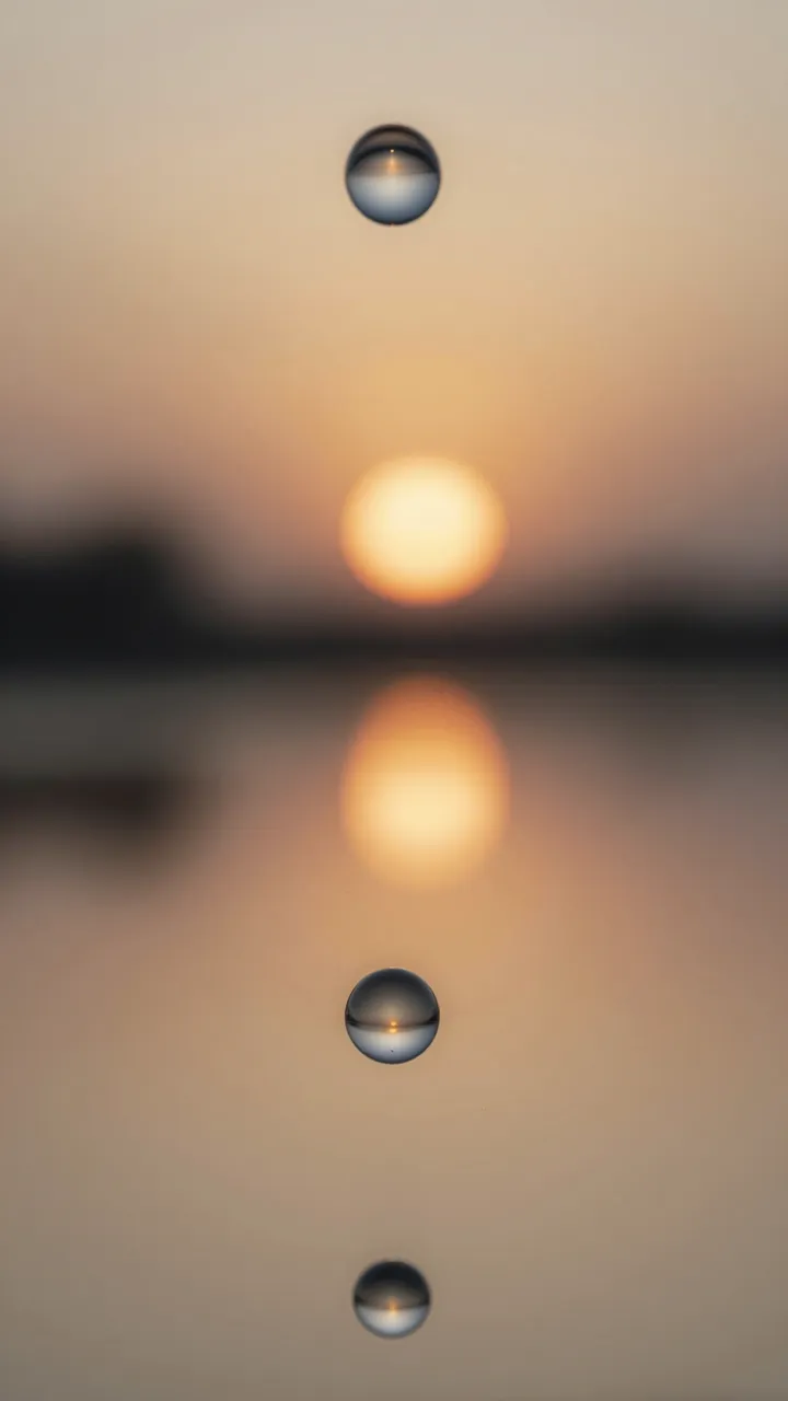 Vertical close-up of reflective droplets arranged over a soft gradient sunset backdrop with mirrored light