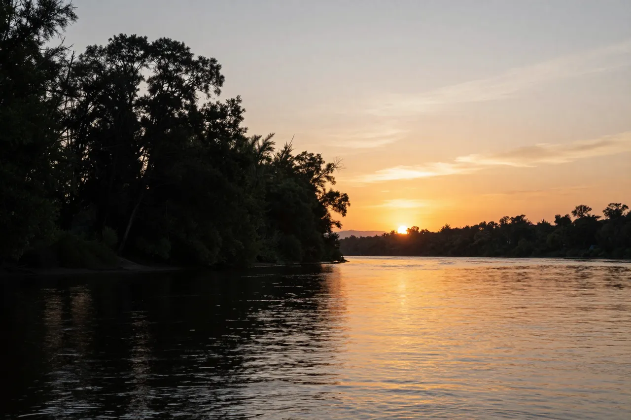 Warm golden sunset light reflects on a calm river between silhouetted tree-lined banks.