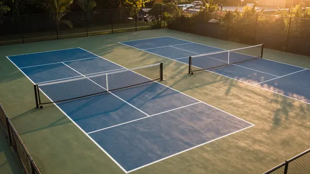 Overhead view of two empty outdoor pickleball courts bathed in warm golden sunset light