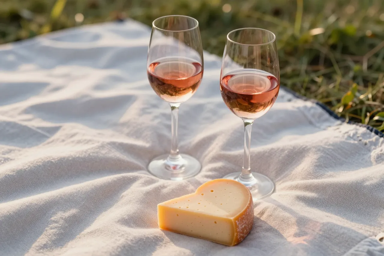 Two glasses of pink rose wine and a heart-shaped cheese wedge sit on a linen picnic blanket at golden hour