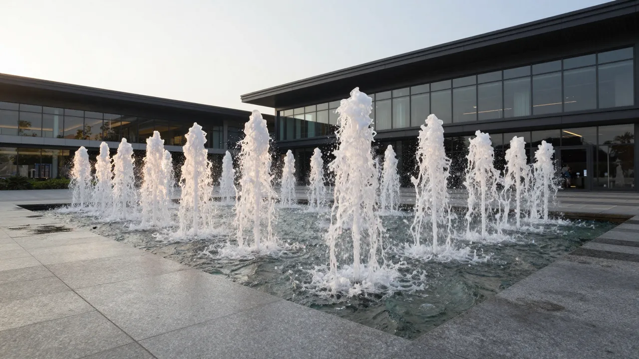 Row of vertical fountain jets rise from granite paving in front of a modern glass building at sunset