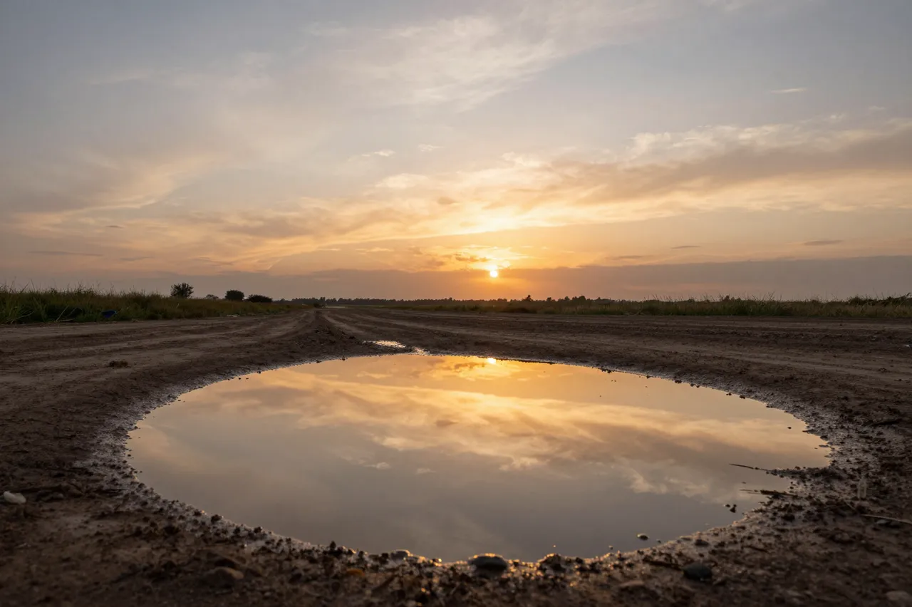 A large puddle on a dirt road reflects the warm golden and orange hues of a setting sun and cloudy sky.