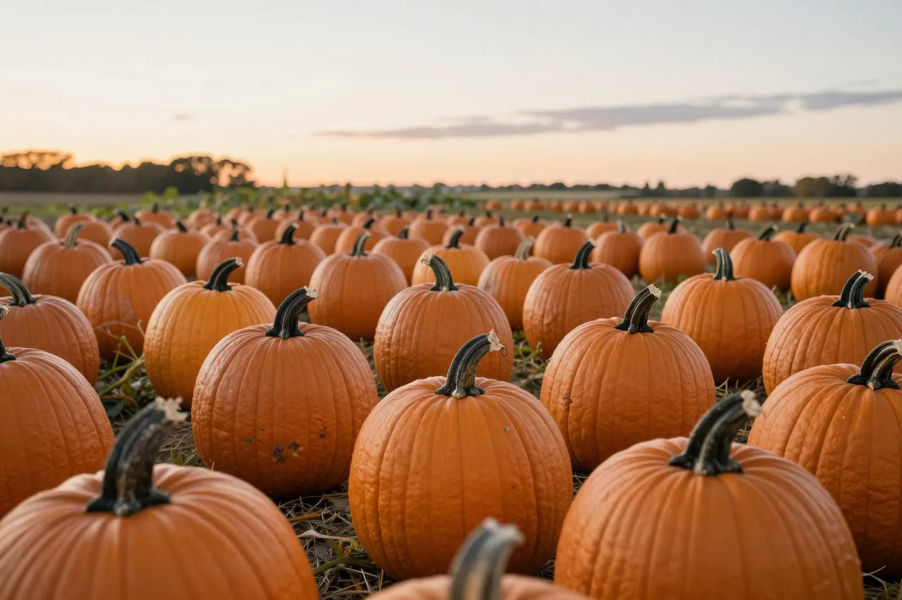Rows of bright orange pumpkins fill a farm field under a soft pastel sunset sky