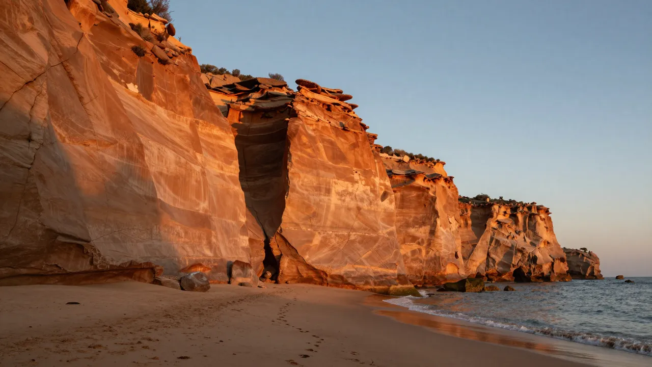 Warm golden sunset light illuminates layered sandstone cliffs above a quiet sandy beach cove at the ocean edge