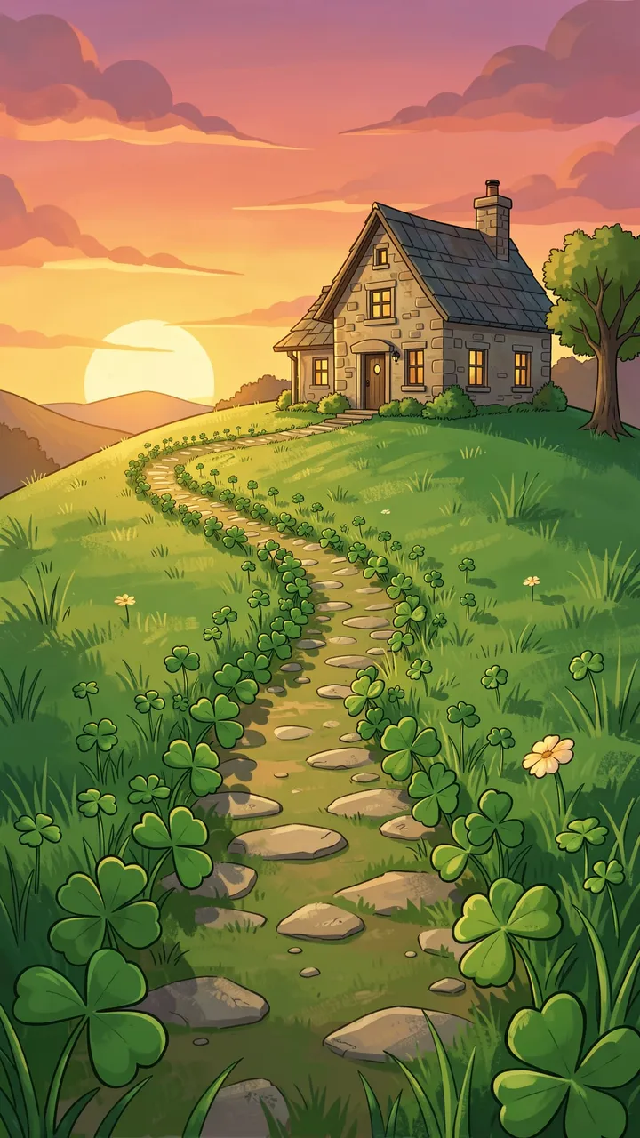 A stone cottage sits atop a green hillside with a shamrock-lined stone path at warm golden sunset
