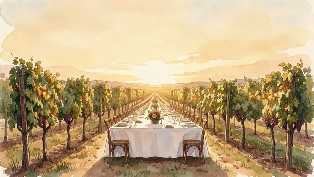 A long set dining table sits between vineyard rows under a warm golden sunset sky in watercolor style