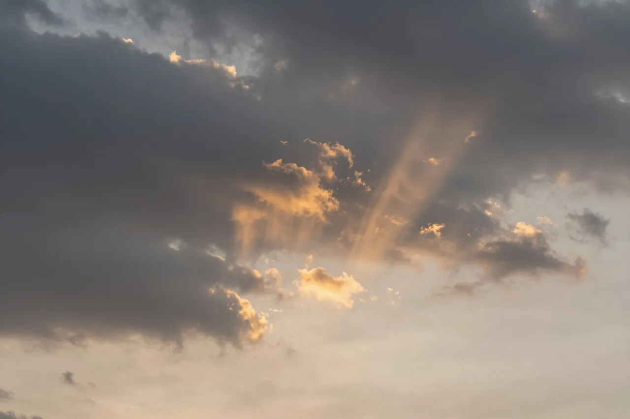 Golden sunbeams and virga streaks hang beneath dark storm clouds at warm sunset