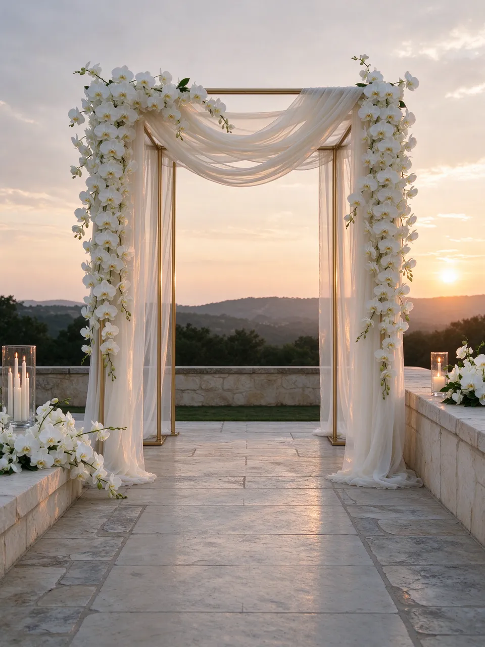 Elegant draped wedding arch with white orchids stands on a stone terrace at soft sunset