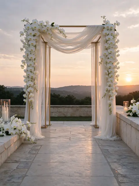 Elegant draped wedding arch with white orchids stands on a stone terrace at soft sunset