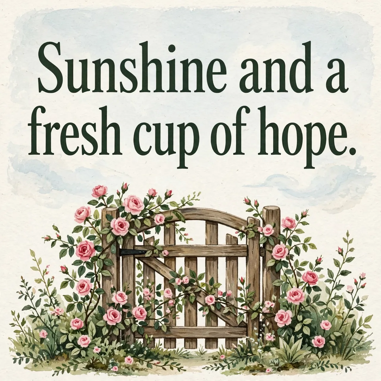 Gouache illustration of a wooden cottage gate with climbing pink roses, with the quote "Sunshine and a fresh cup of hope."