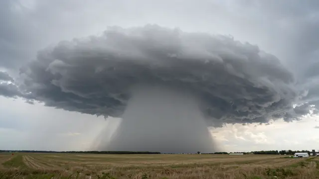 A massive rotating supercell thunderstorm with heavy rain looms over flat agricultural plains
