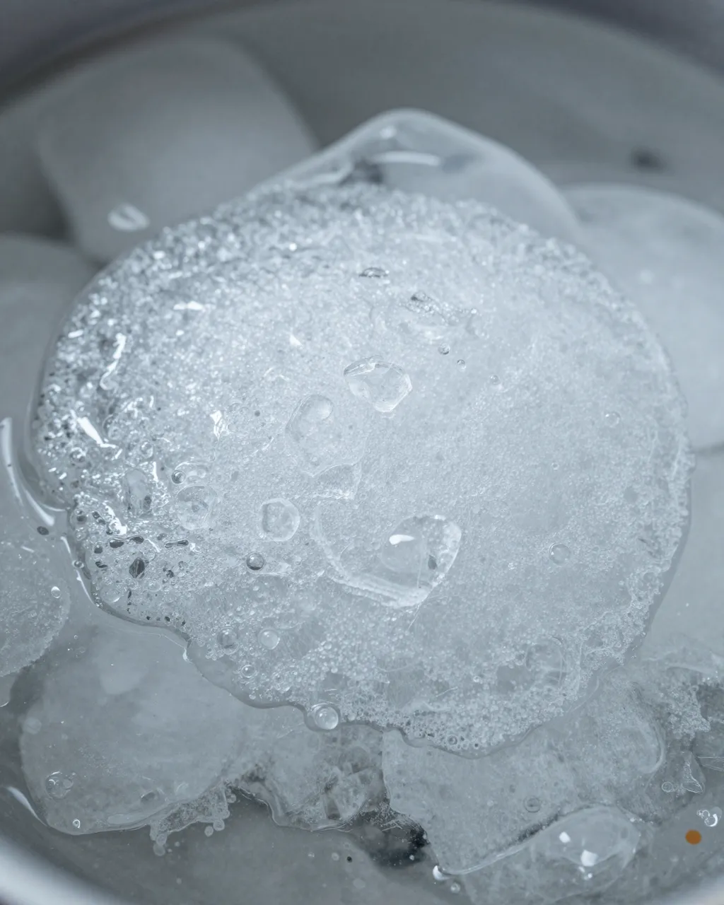 Close-up macro view of slush forming from supercooled water surrounding chunks of clear ice