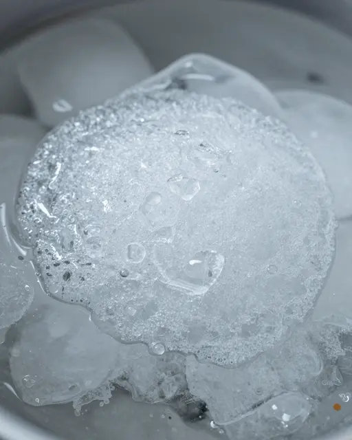 Close-up macro view of slush forming from supercooled water surrounding chunks of clear ice