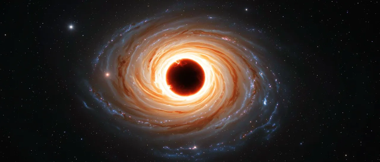 A glowing supermassive black hole sits at the center of a swirling spiral galaxy against a starry dark space background