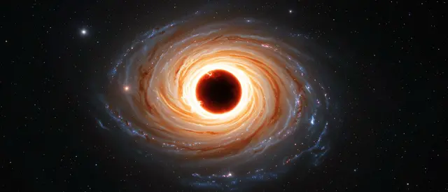 A glowing supermassive black hole sits at the center of a swirling spiral galaxy against a starry dark space background