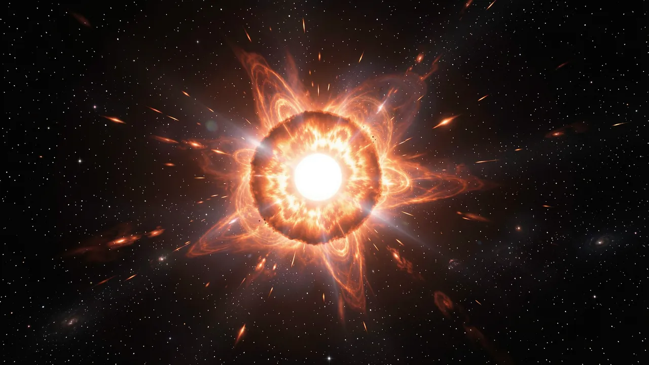 A bright, glowing supernova burst radiates fiery orange plasma against a field of distant stars in dark deep space