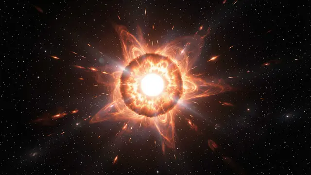 A bright, glowing supernova burst radiates fiery orange plasma against a field of distant stars in dark deep space
