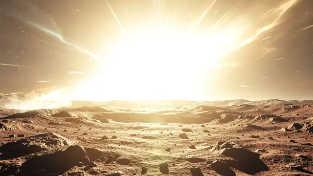 Bright golden supernova burst illuminates a barren rocky alien planet surface beneath a starry sky
