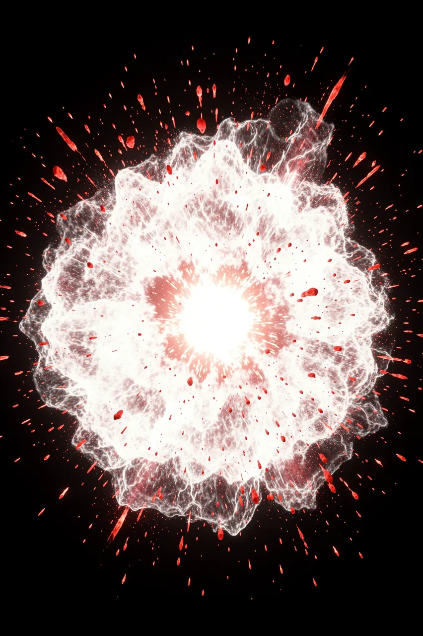 A glowing exploding star radiates a white hot gas shell and red debris against black space
