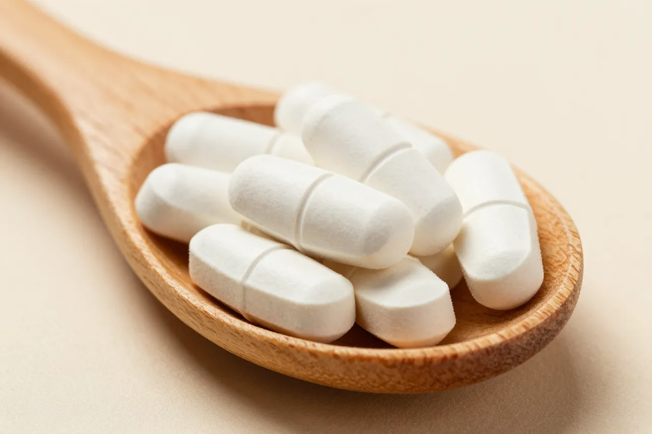 Close-up of white vitamin tablets resting in a light wooden spoon on a neutral beige surface