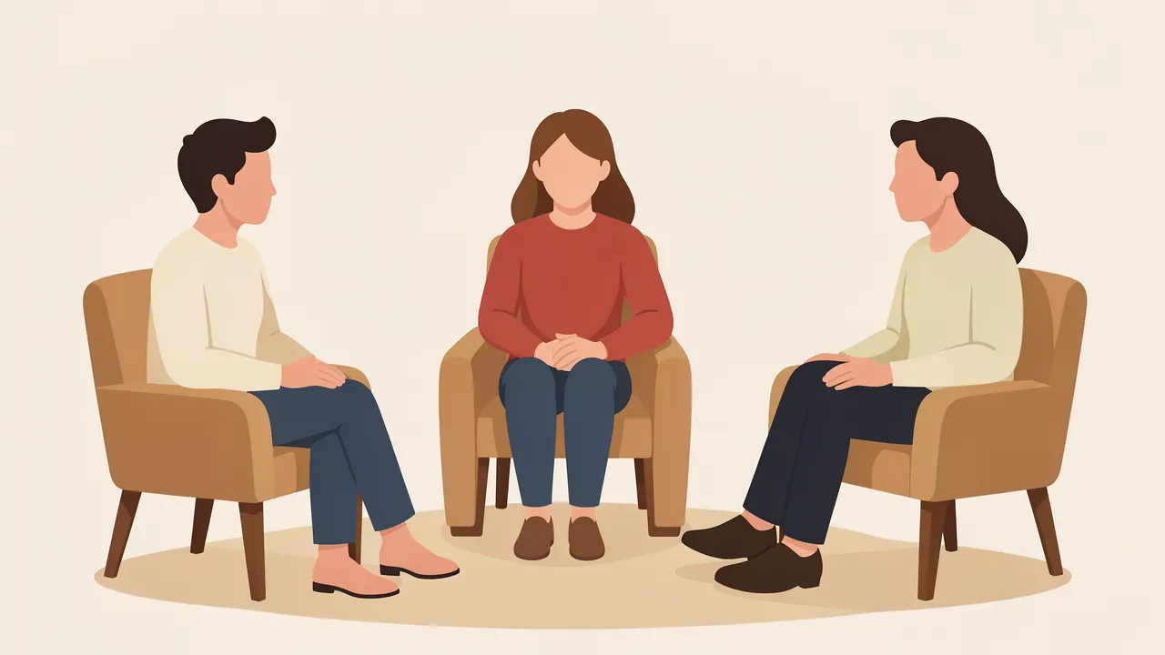 Three faceless adults seated in armchairs arranged in a circle having a calm conversation