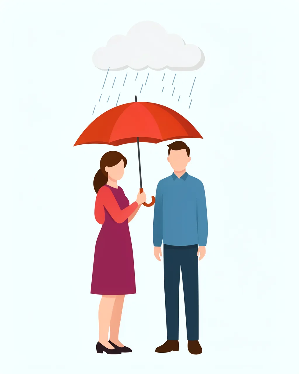 A faceless woman holds a red umbrella over a faceless man standing under a small falling rain cloud