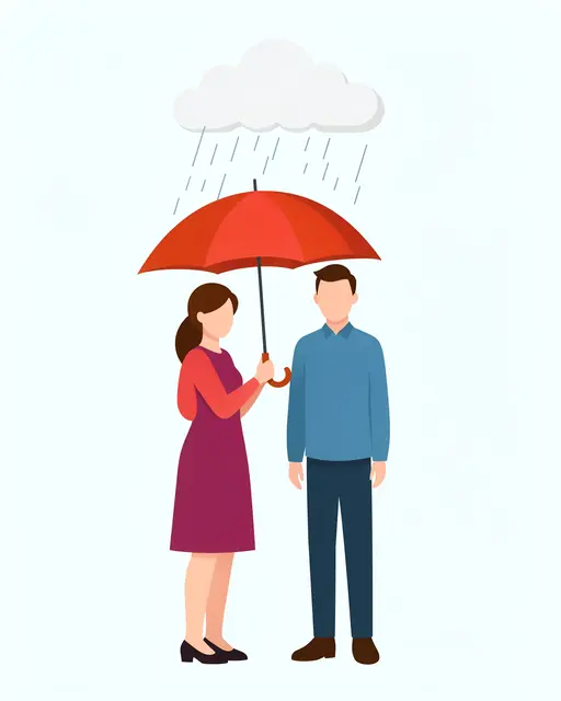 A faceless woman holds a red umbrella over a faceless man standing under a small falling rain cloud