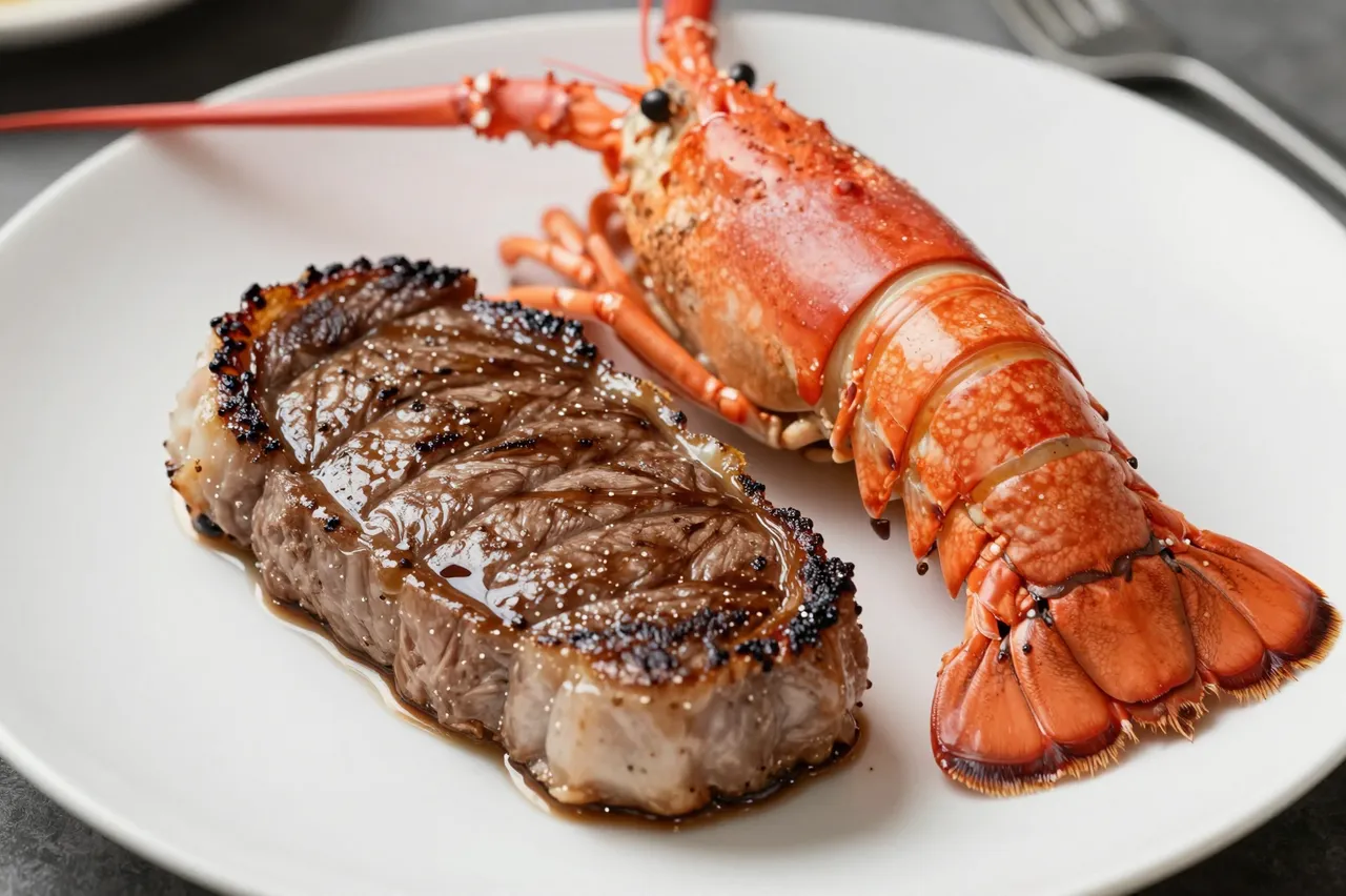 Grilled steak and a whole cooked lobster sit side by side on a white dinner plate