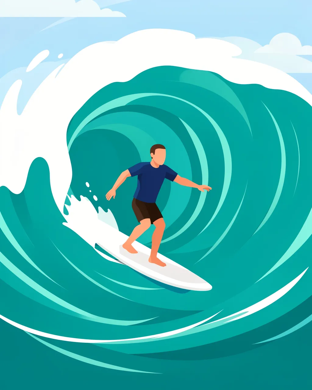 A faceless surfer balances on a surfboard inside the curl of a large turquoise ocean wave under a light blue sky.