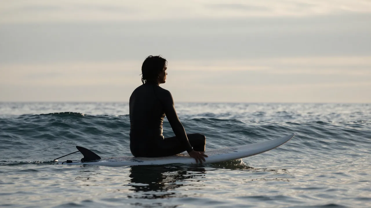 A silhouetted adult surfer sits on a surfboard in calm ocean waters at dawn