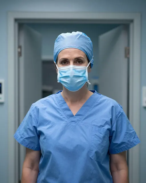 A woman surgeon in blue scrubs, surgical cap and face mask stands in a hospital operating room doorway.