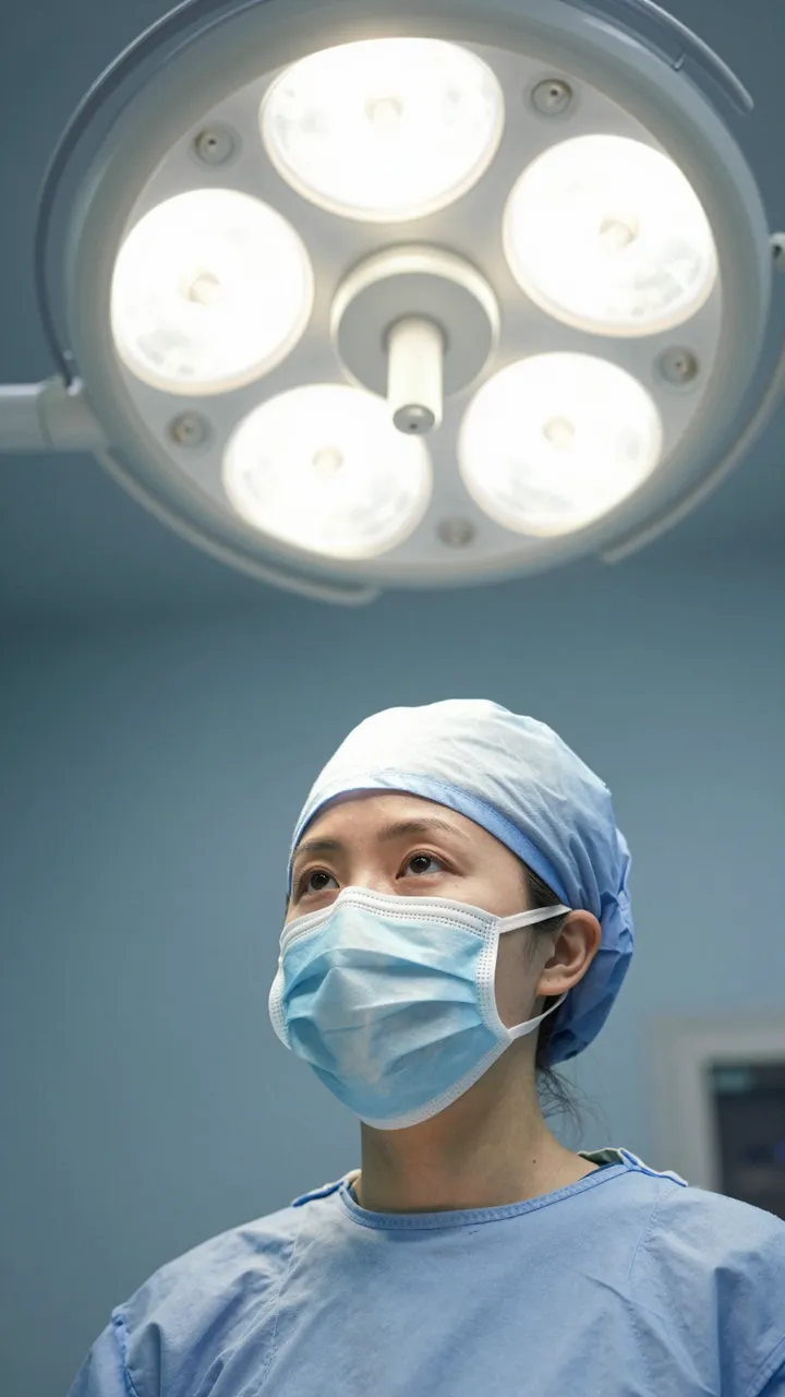 East Asian woman in surgical scrubs, mask and cap looks up at an overhead operating room lamp.